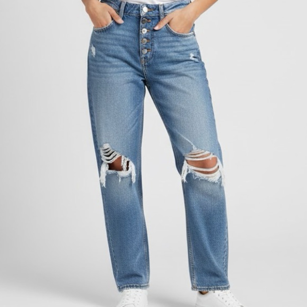 &DENIM 90’S BOYFRIEND JEANS SZ 10 EUR SZ 42 BLUE BUTTON DOWN FLY DISTRESSED